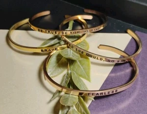 Designer MANTRABANDS Set of Four (4) Gold Tone Motivational Phrases Bracelets! - Picture 1 of 11