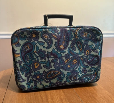 Mala de mão vintage década de 1970 azul e laranja paisley 15x10x4" Japão RETRO MCM - Imagem 1 de 4