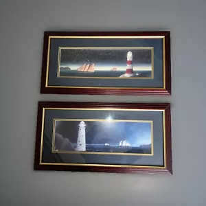 Pair Lighthouse Prints Wall Art Martin Wiscombe 12.5x24.5 Cherry Brown Frame - Picture 1 of 4