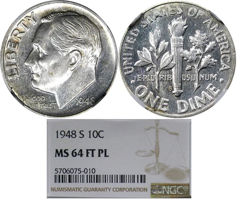 1948-S 10C NGC MS64 FT PL PROOFLIKE ROOSEVELT ~ RARE PROOFLIKE FT! Cover