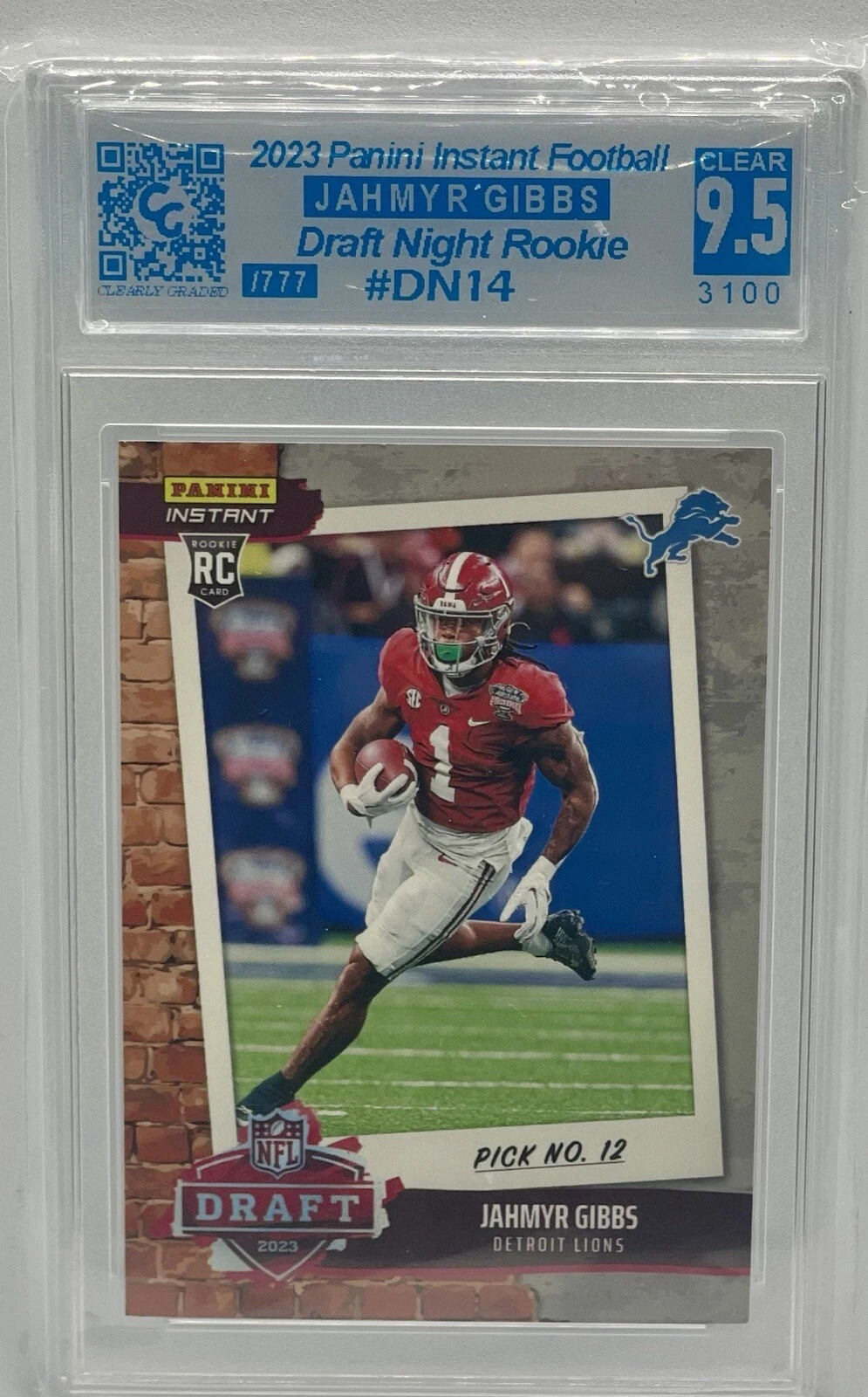 2023 Panini Instant NFL  Jahmyr Gibbs Rookie DRAFT NIGHT 1/777 #DN14 RC CG 9.5