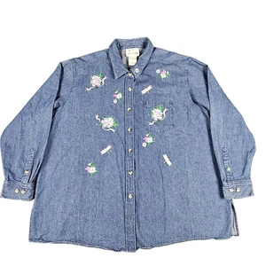 Quacker Factory Camicia Denim Donna 2X Ricamata Floreale Bottoni Manica Lunga - Foto 1 di 10