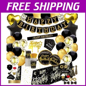 Elegant Black and Gold Birthday Party Decoration Set for 24 Guests - 169 Pieces - Picture 1 of 8