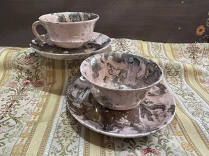SASCHA BRASTOFF Surf Ballet Pink & Platinum Silver Cup & Saucer Set LOT of 2 - Picture 1 of 18