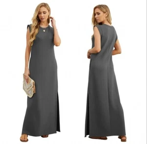 Womens Summer Beach Holiday Long Dress Sleeveless Round Neck Pocket Sundress - Picture 1 of 8