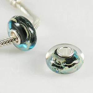 Swirls on Black Murano Lampwork Glass 925 Sterling Silver European Bead Charm - Picture 1 of 1