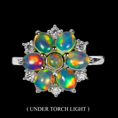 925 Anello Argento Sterling Ovale Opale di Fuoco 5x4mm Finto Zirconia Gemma - Immagine 1 di 4