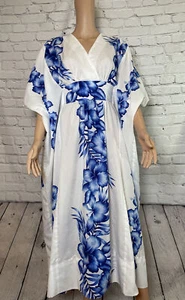 Vintage Royal Connection Hawaii Kimono Kaftan Dress White & Blue Hibiscus Muumuu - Picture 1 of 12