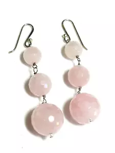 GORGEOUS Soft Faceted 146 cts Pink Rose Quartz 3 Ball Drop EARRINGS - Pierced - Picture 1 of 9