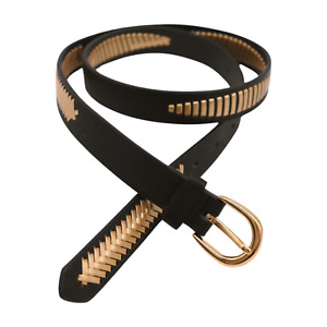 Women Black Faux Leather Gold Weave Braide Statement Belt Gold Buckle Size S M