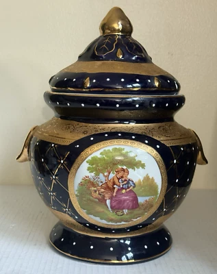 Sopera vintage Limoges azul cobalto y dorado de porcelana dorada con tapa Francia Foto 1 de 4