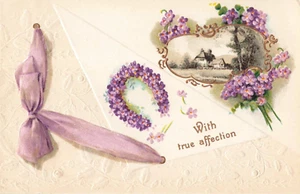 True Affection, flores violetas púrpuras, arco herradura en relieve, postal vintage - Imagen 1 de 2