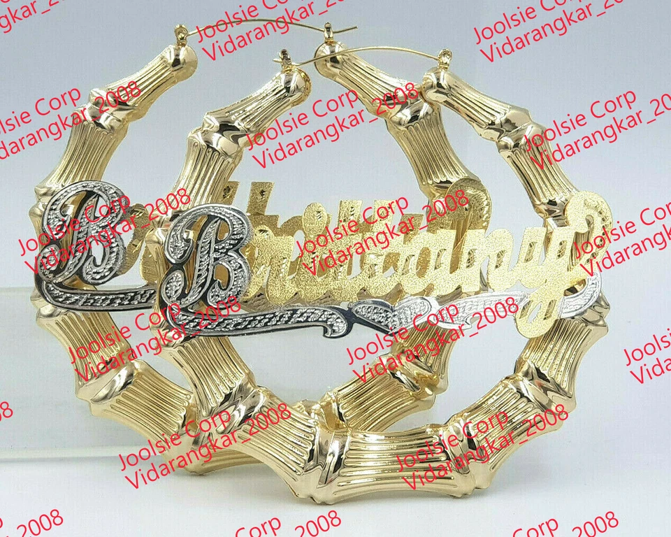 PENDIENTES/ALDABAS DE PUERTA DE BAMBÚ JUMBO PERSONALIZADOS CHAPADOS EN ORO 14K 4:00"  Foto 1 de 2