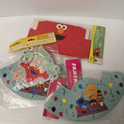Elmo Birthday Party Supplies Vintage 1999 Banner, Treat Boxes And Party Hats - Image 1 of 4