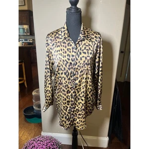 Leopardenmuster Button Down Hemd Langarm Animal Print Bluse L Y2K - Bild 1 von 5