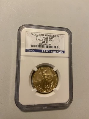 2011 $25 American Gold Eagle 1/2 oz NGC MS70 primeiros lançamentos 25º aniversário - Imagem 1 de 2
