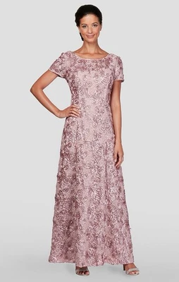 New Alex Evenings Size 16 Pink Embellished Lace Maxi Formal Gown Dress Rosette - Image 1 of 4