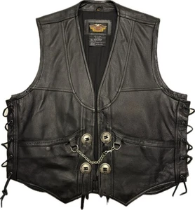 Harley Davidson Hombres 2XL Jugador Pistolero Cuero Negro Motocicleta Chaleco Cadena - Imagen 1 de 17