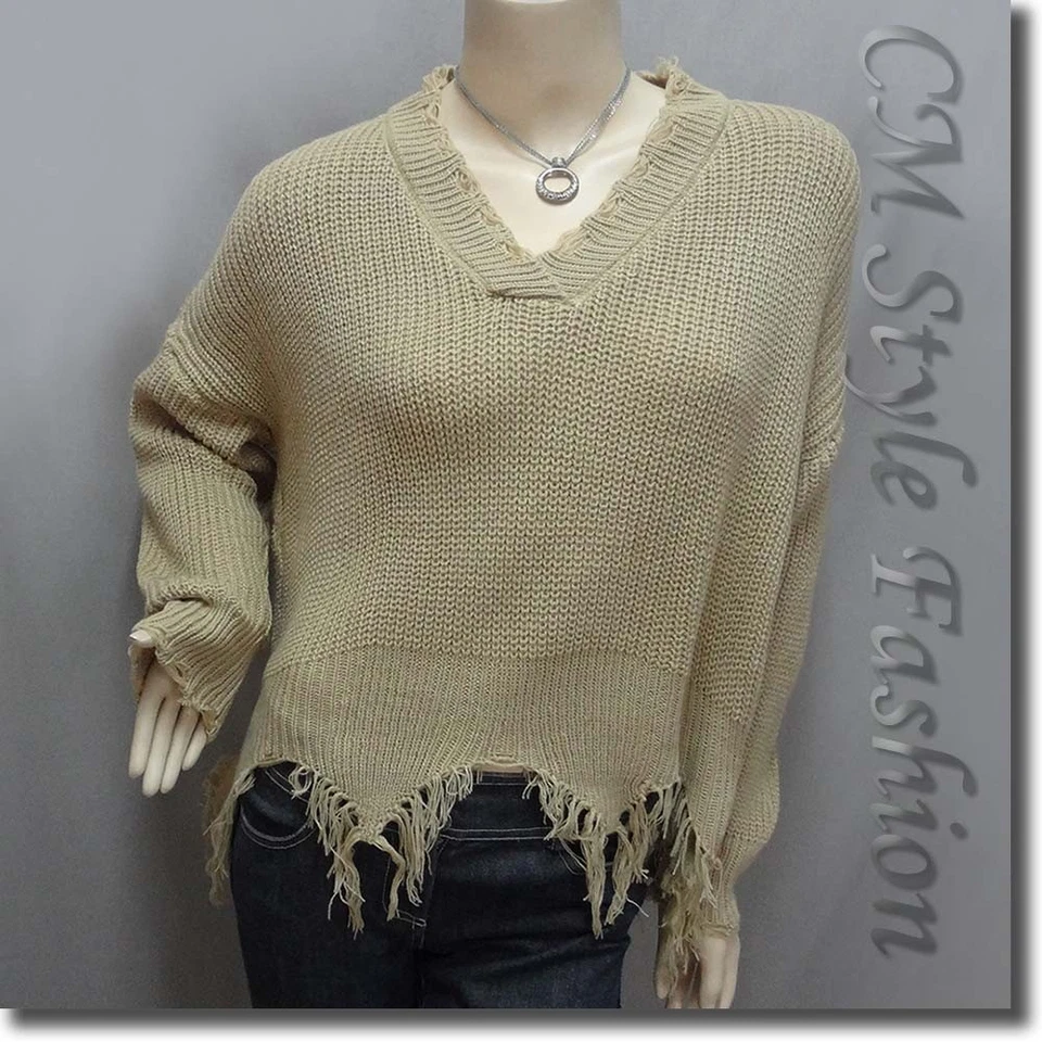 Elegante Top Suéter Acanalado Tejido Grunge Triturado Cuadrado con Rasgaduras Caqui Beige M Foto 1 de 4