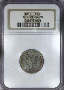 1855 Braided Hair Half Cent H1c 1/2c NGC MS64BN - Picture 1 of 2