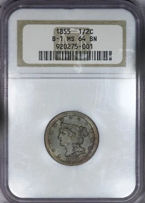 1855 Braided Hair Half Cent H1c 1/2c NGC MS64BN - Image 1 of 2