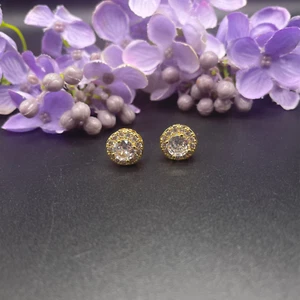 Yellow Gold Finish Round Cut Created Diamond Stud Earrings Free Gift Box - Picture 1 of 8