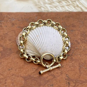 14KT Yellow Gold Rolo Chunky Chain Link Bracelet Cabochon Amethyst Toggle Clasp  - Picture 1 of 12