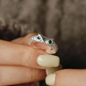 Adorable Dr. Owl Green Eye Band 925 Sterling Silver Open Ring - Bild 1 von 14