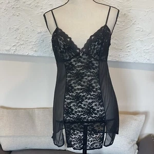 Victoria's Secret Black Sheer Mesh Lace Slip Dress Heart Charm Bow Sz L - Picture 1 of 8