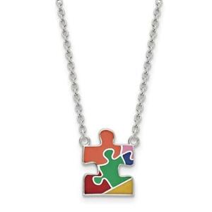 Platinum Sterling Silver Multi Color Enamel Autism Puzzle Piece 3D Necklace Gift