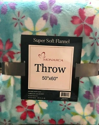 New 50” by 60” Monarca Soft Flannel Light Blue Pink Flowers Floral Throw Blanket - Image 1 of 4