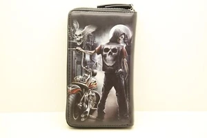 Porte monnaie / Portefeuille noir avec motif "Biker / Tête de mort" - 18x10cm - Imagen 1 de 3