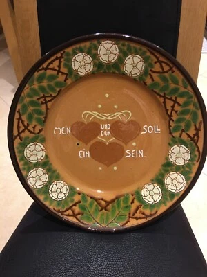 ancienne assiette en terre cuite vernissée mariage art populaire alsace XIX eme - Photo 1/4