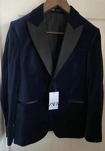 RRP£99.99 Zara Man Navy Blue Velvet blazer UK 38 EU 48 Contrast Black Lapel NEW - Picture 1 of 21