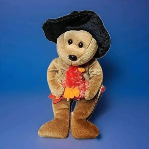 Ty Beanie Babies 2005 Plymouth Bear Pilgrim Hat Holding Chicken DOB 12/21/04 NWT - Picture 1 of 5