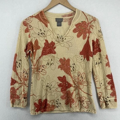 Suéter SIGRID OLSEN Mujer S Floral Adorno Lentejuelas Pointelle Pullover Beige Foto 1 de 4