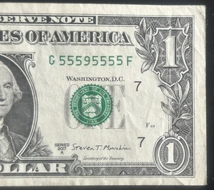 (NEAR SOLID!) $1 Binary Near Solid 7 Of A Kind Fancy Serial Number G55595555F - Picture 1 of 3