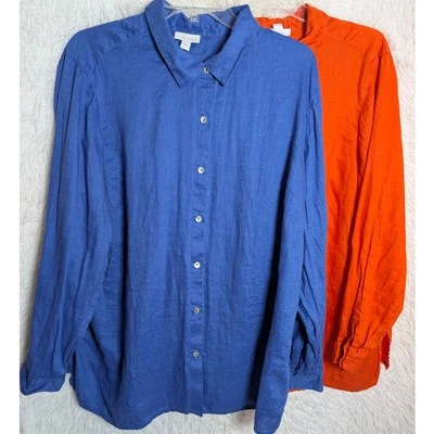 Lote de 2 camisas de botones de lino 100% J. Jill para mujer 2X Azul Naranja Ligero Foto 1 de 4