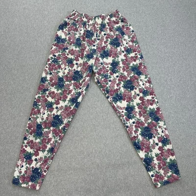 VTG Floral Tapered Stretch Pant WMNS L Purple/Blue Elastic Waist High Rise Boho  - Image 1 of 4