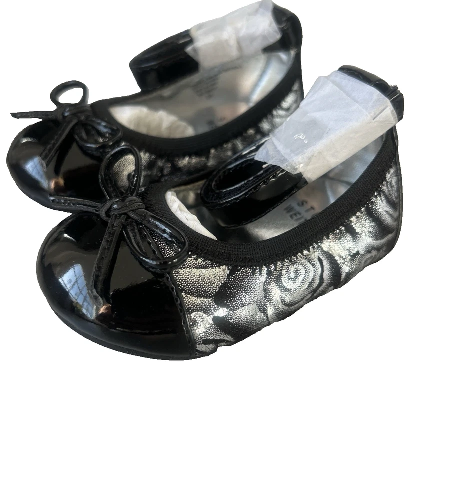 Stuart Weitzman Bebé Paliava Plateado Negro Bebé Zapatos de Ballet con Arco Talla 2 3-6M NUEVO Foto 1 de 4
