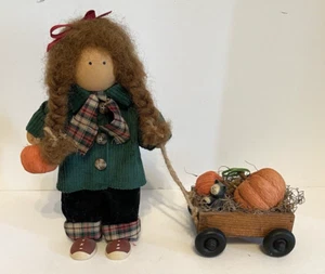 Ladle and Friends 1993 Wooden Doll 10 in. Tall with WAGON of PUMPKINs and Kitten - Picture 1 of 12