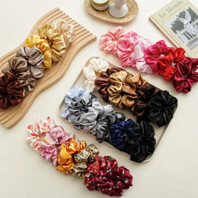 6pcs/lot Silky Satin Hair Scrunchies Stretch Elastic Soft Solid Color Hair Rope - Image 1 of 4