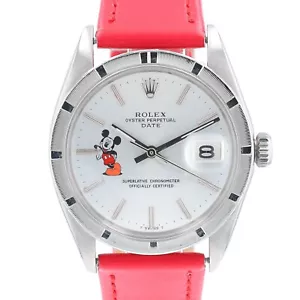OROLOGIO ROLEX DATE UNISEX QUADRANTE BIANCO CON MOTIVO MOUSE CINTURINO PELLE ROSSO 34MM - Foto 1 di 13