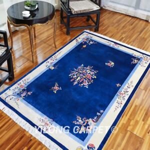 4x6ft Modern Handmade Silk Area Rug Blue Chinese Art Deco Silk Carpet