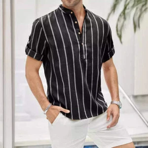 Summer Men's Clothing Short Sleeve Shirt Casual Linen Striped Top for Teens and - Picture 1 of 23