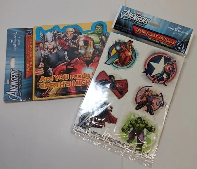 VTG Avengers Assemble Hallmark Invitations Thank you cards Tattoos 8 unused new - Image 1 of 4