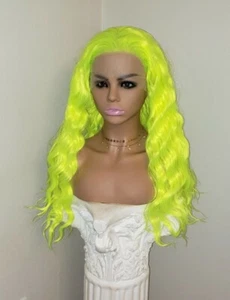 Lace Front Wig - Long Wavy Neon Green Human Hair Blend 13x3 T Part HD - Picture 1 of 6