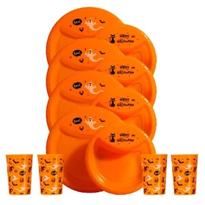 Halloween Partyware Children's Reuseable Ghost Pumpkin Plates Cups 12 Piece Set - Picture 1 of 7