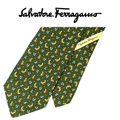 Corbata Verde Salvatore Ferragamo - Marrón Bebé Tigres Pájaros Patrón Italia Seda  Foto 1 de 4