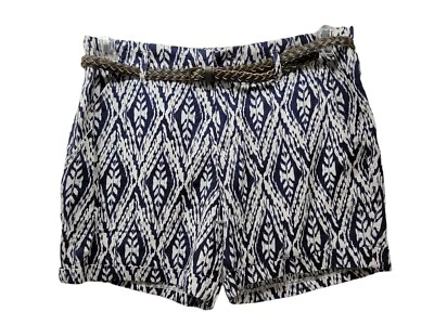 CYNTHIA ROWLEY 10 Linen Blend Shorts With Braided Belt  Blue Ivory Cuffed NWOT - Image 1 of 4